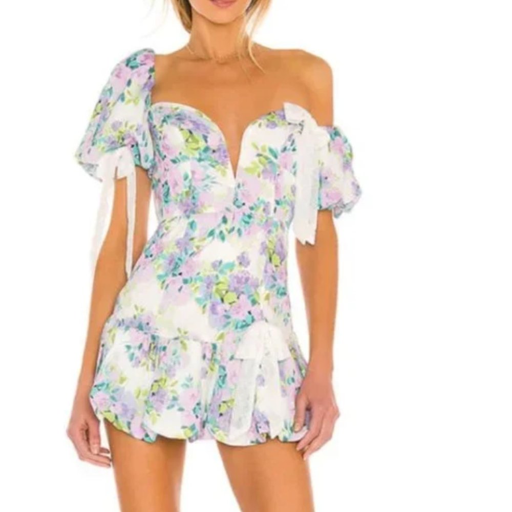 Asymmetric Puff Sleeve Ruffle Floral Printed Mini Dress